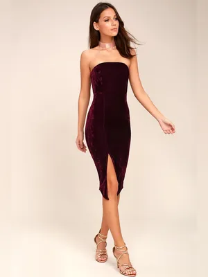Lulu’s Hey Baby Burgundy Velvet Strapless Bodycon Midi Dress cocktail bodycon thumbnail 3