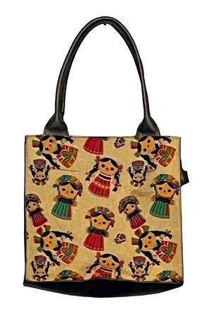 Mexican Doll Tote Bag Womens Medium Tan Brown Multi Folk Art Tapestry Lele‎ Doll thumbnail 1