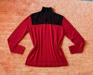 August Silk Heritage Sweater Red Black Velvet Mesh Mock Neck M thumbnail 1