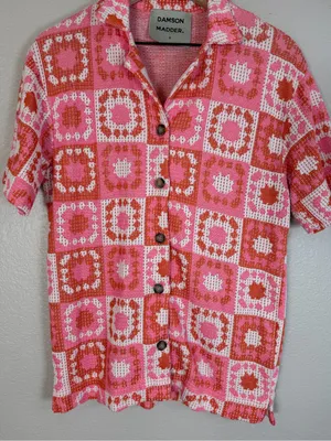 Damson Madder Bessie Wave Crochet Short Sleeve Co-ord Shirt Pink Orange 6 $136 thumbnail 1