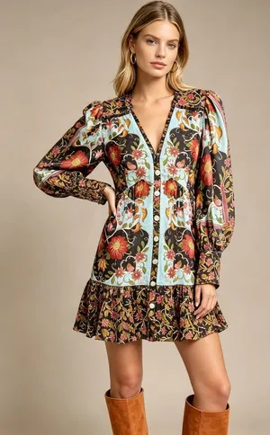 NWOT Farm Rio Floral Swans V-Neck Long Sleeves Mini Dress Size XL thumbnail 1