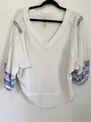 Free People We The Free Bubble Thermal V-Neck Embroidered Tee Shirt medium thumbnail 1