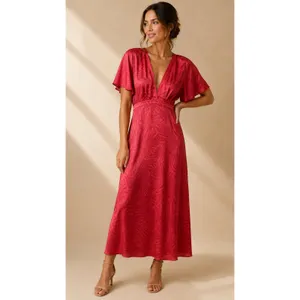 Fe Noel Target Women Dress 0 Red Jacquard Palm Flutter Sleeve V-Neck Midi thumbnail 2