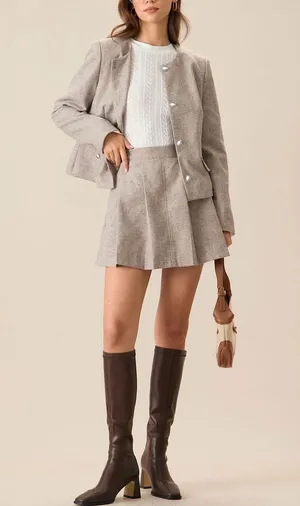 Rihoas Round Neck Khaki Single-Breasted Jacket & Pocket Pleated Mini Skirt thumbnail 1