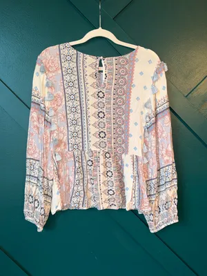 American Eagle BohoPatchwork Peasant Top in Beige, Blush & Light Blue thumbnail 3