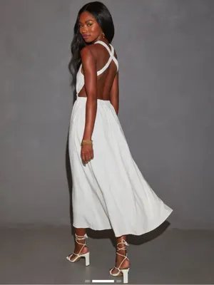 NWT Vici White White Linen Blend Open back Midi Dress Cutout Waist Medium thumbnail 2