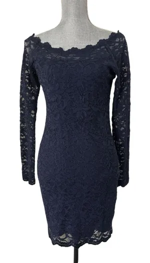 Navy Blue Floral Lace Body Con Long Sleeve Dress Y2K Club M Off Shoulder USA thumbnail 1