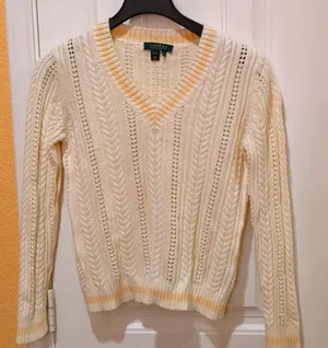Lauren Ralph Lauren v-neck cable knit M cream, peach large, 100% cotton thumbnail 1