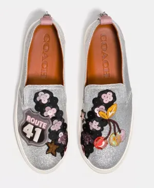Coach “Route 41” Cherry Collection Silver Glitter Slip-On Sneakers Women's 8.5 thumbnail 1