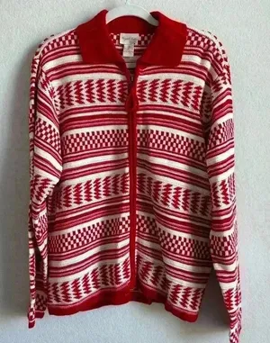 Crystal Kobe Zip Up Sweater Large Red And White Winter Warm Cardigan‎ Ski Casual thumbnail 1