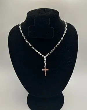 Vintage Real Silver Rosary Cross Pendant Beaded Chain Plated Stainless Steel thumbnail 1