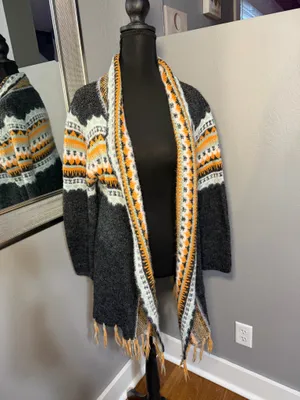 Adora oversized open front fair isle tasseled boho cardigan sweater S/M. thumbnail 2