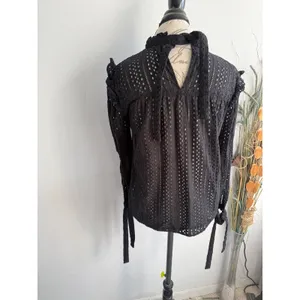 Madewell‎ Black Eyelet Ruffle High Neck Tie Back Long Sleeve Blouse Top 2766 thumbnail 2
