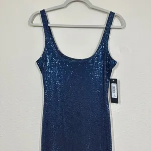 Bebe Women's Size Small Navy Blue Sequin Scoop Neck Maxi Dress Side Slit Party thumbnail 2