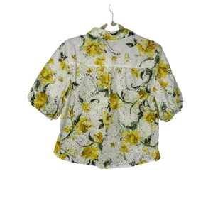 Chico’s Floral Eyelet Button-Front Puff Sleeve Blouse White Yellow Size 1 (US 8) thumbnail 4