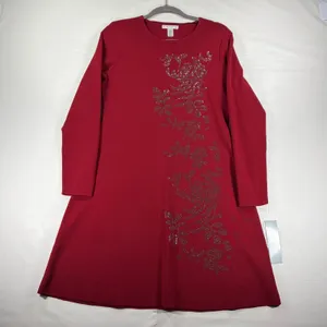London Times Deep Red Rhinestone Floral Knit A-Line Dress Long Sleeve Large NEW thumbnail 3