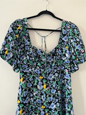 Blue Green Floral Puff Mini Dress Medium Romantic Cottagecore Summer Going Out thumbnail 2