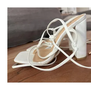 5.5 Pumps White strappy block high heels modern square toe wrap-around Sandals thumbnail 5
