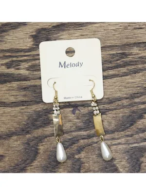 NWT Melody Fashion Dangly Rhinestone Faux Pearl Drop Earrings Gold Yellow 2.75" thumbnail 3