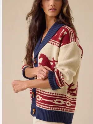 NWOT Altar'd State Bonnie Horse Knit Cream Navy Shawl Collar Cardigan Western thumbnail 4