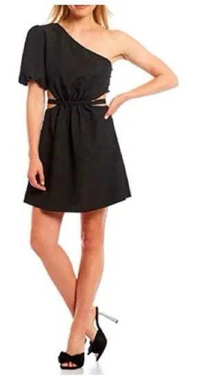 NWT Gianni Bini‎ Ari One Shoulder Puff Sleeve Black Floral Mini Dress thumbnail 1