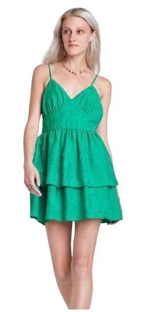 Wild Fable Emerald Green Floral Jacquard Tiered Mini Dress XS NWT Low Back‎ thumbnail 1