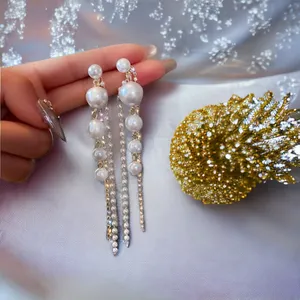 Faux Pearl Shiny Rhinestone Chain Tassel Design Dangle‎ Earrings Elegant Fashion thumbnail 10