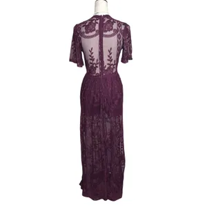 Haute Monde Plum Purple Floral Lace Deep V-Neck Boho Maxi‎ Romper Dress Small thumbnail 2