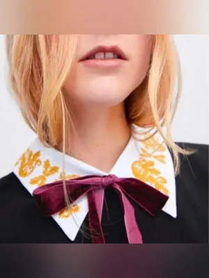 Zara Black Dress with Embroidered White Collar and Burgundy Ribbon Size M thumbnail 3