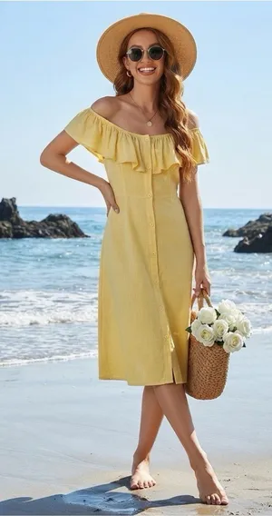Forever 21 Linen Blend Off-Shoulder Button Down Dress thumbnail 1