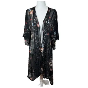 American Eagle Sheer Open Front‎ Kimono Black Floral Lace Sz M Fairy Whimsigoth thumbnail 2