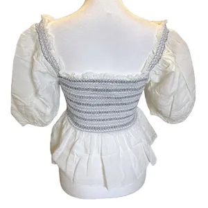 Something Navy Smocked Puff Shoulder Top Womens Small White NEW Embroidered thumbnail 3