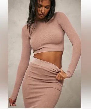 NWT PrettyLittleThing Contour Rib Brown Washed Midaxi Skirt | Size L thumbnail 3