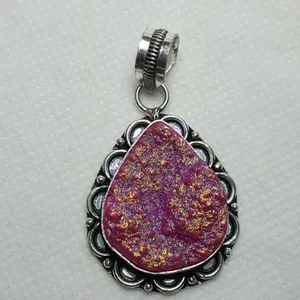 Gemstone Titanium Druzy 925 silver Pendant Necklace Purple thumbnail 2