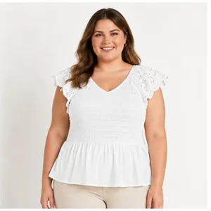 Time and Tru Womens Top Size XXL Vivid White Smocked Bodice V Neck Eyelet Stretc thumbnail 3