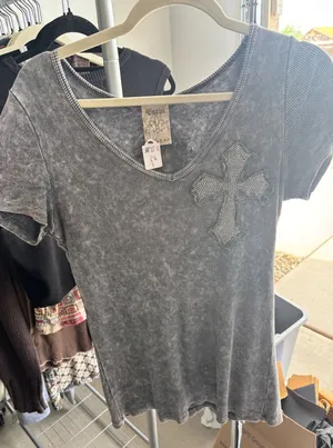 Y2K Rhinestone Cross Top Grey Acid Wash Vocal Grunge Gothic Ribbed Tee Shirt thumbnail 1