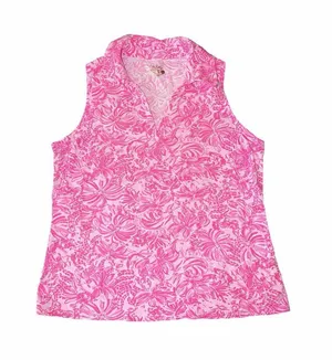 Lilly Pulitzer Luxletic Imara Sleeveless Golf Polo Top Pink Blossom Foxy Llama L thumbnail 1