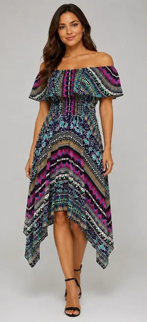 Rabbit Rabbit Designs‎ Handkerchief Hem Dress Womens 10 Multicolor Smocked Boho thumbnail 1