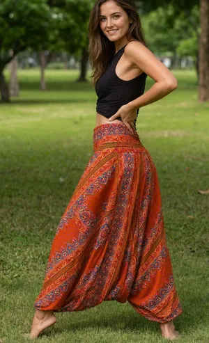 Hippie Pants harrem pants, flowy and soft rayon, bohemian print, pull up, sz M/L thumbnail 1