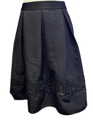Express Women's Black Pleated Lined A-Line Midi Skirt Lace Floral Inset Size 8 thumbnail 2