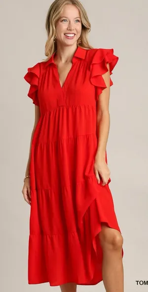 Umgee Tiered Flutter Sleeve Midi Dress Tomato Red Boho Cottagecore Casual S thumbnail 1