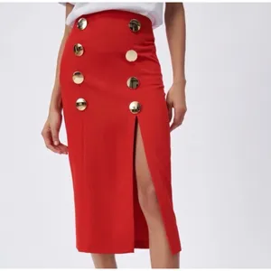 Zara Red High Waisted Midi Skirt Gold Buttons Front Slit Size Small thumbnail 4