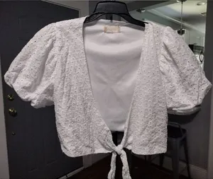 Altar'd State White Eyelet Tie-Front Puff Sleeve Crop Blouse thumbnail 1