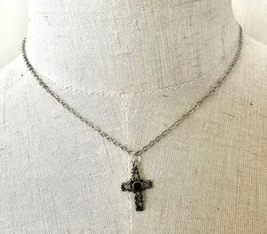 Silver tone and black dainty cross necklace thumbnail 1