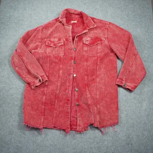 POL Red Corduroy Shacket Mineral Wash‎ Raw Hem Button Down Jacket Boho Indie thumbnail 1