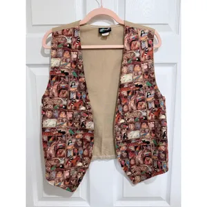 Vintage 90s Hiphanis Zoo Animal Print Vest Cotton Tan Multi Color Small USA Made thumbnail 2