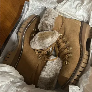 JLO Whiskey Avena Brown Suede Fur-Lined Ankle Combat Boots 8M NIB thumbnail 1