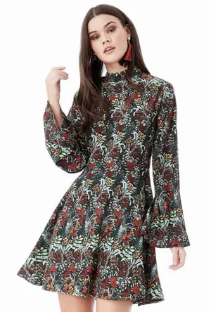 Zara Basic NWT XS‎ Floral Mini Dress Mock Neck Bell Sleeve Back Zip Viscose thumbnail 1
