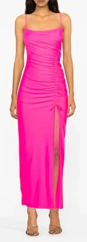 Good American Hot Pink Neon Dress Size‎ 8 Ruched Side Slit Spaghetti Strap NEW thumbnail 1