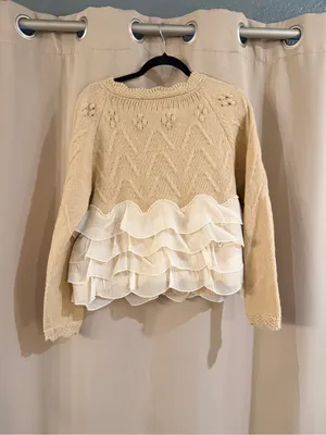 Source Unknown Cream Knit Cardigan with White Ruffle Hem thumbnail 3